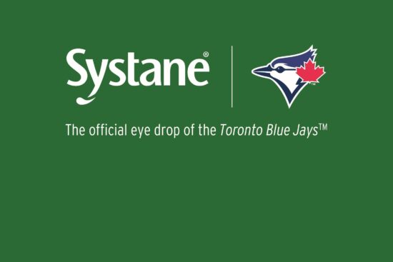 Systane® logo beside the Toronto Blue Jays™ logo on a green background. Text reads: "The official eye drop of the Toronto Blue Jays™"