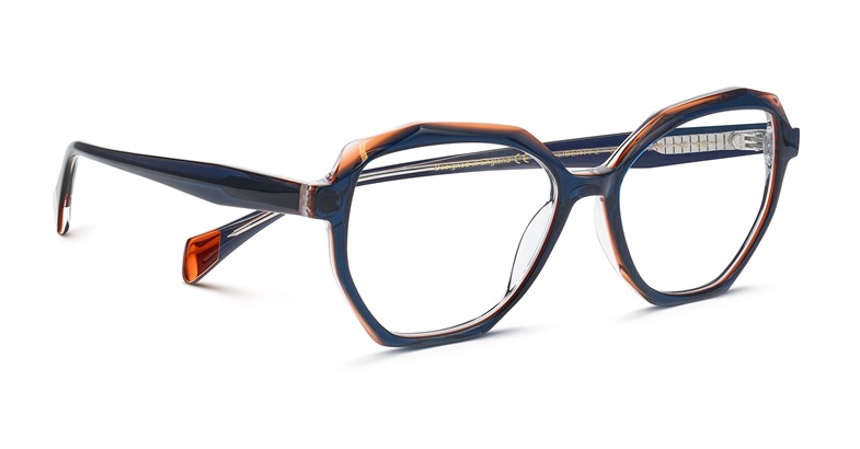 Geometric acetate eyeglasses in navy blue and tortoise amber with diamond-cut detailing on the temples, William Morris London Liberty 2 collection