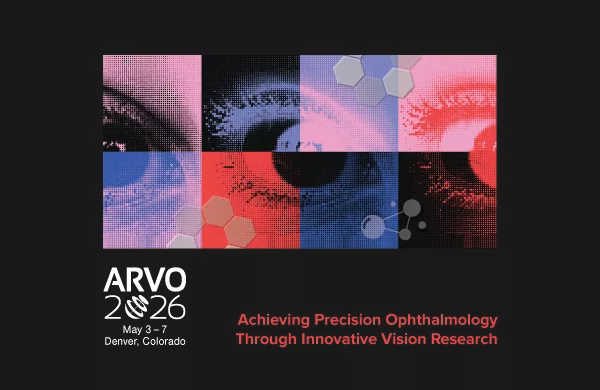 Bannière de la conférence ARVO 2026 avec des gros plans d'yeux, le texte « 3–7 mai, Denver, Colorado » et le thème « Achieving Precision Ophthalmology Through Innovative Vision Research ».