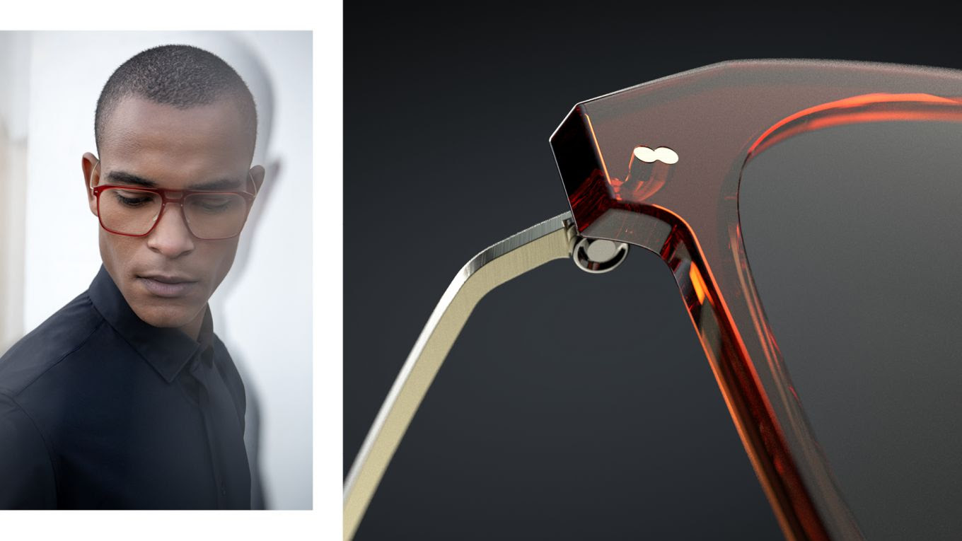 Un homme portant des montures Blackfin Vitra rectangulaires avec une façade en acétate rouge et des branches en titane doré, accompagné d'un macro plan du coin de la monture illustrant la micro-charnière invisible brevetée et la jonction titane-polymère sans soudure.