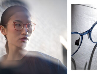 A woman wearing round red-brown Blackfin Vitra frames in warm backlight, alongside a close-up product shot of the same frame style in transparent blue, highlighting the VitraCore polymer front and titanium bridge construction.