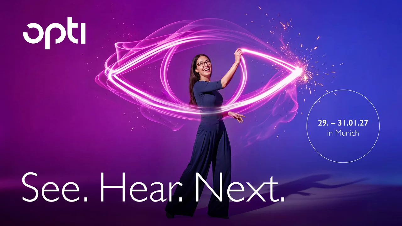 A promotional campaign graphic for opti 2027 featuring a smiling woman in glasses standing against a vibrant purple and blue gradient background. She is holding a glowing, neon pink light trail that forms the shape of a stylized eye around her. The image includes the "opti" logo, the campaign claim "See. Hear. Next.", and the event details: "29. – 31.01.27 in Munich."