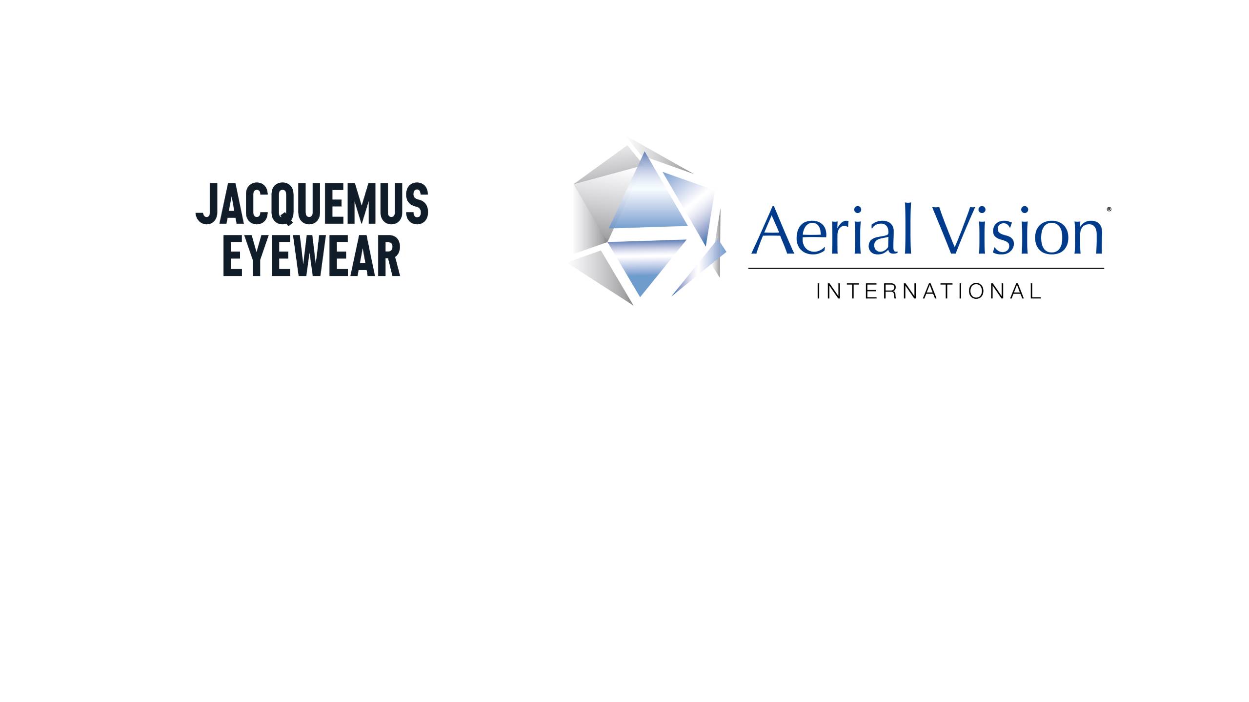 Les logos de Jacquemus Eyewear et d'Aerial Vision International côte à côte sur fond blanc, illustrant leur partenariat de distribution en Amérique du Nord.