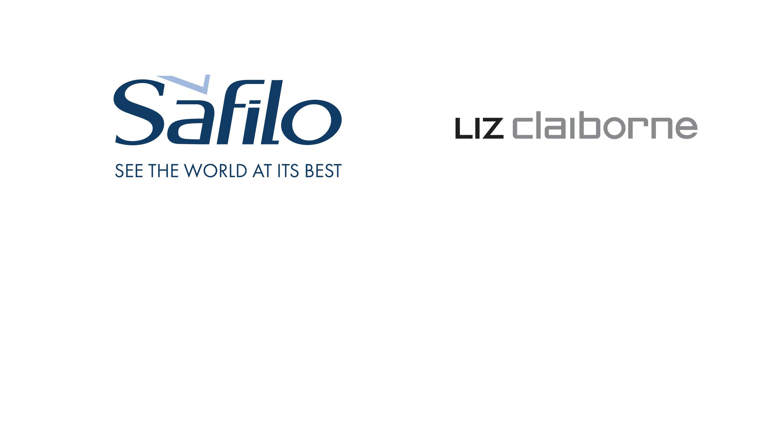 Logos Safilo et Liz Claiborne sur fond blanc, avec la signature « See the world at its best » sous le logo Safilo.