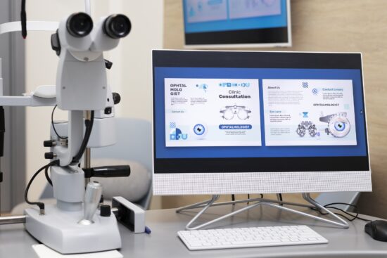 A slit lamp biomicroscope and a desktop computer displaying an ophthalmology clinic consultation webpage, set on an examination desk in an eye care office.