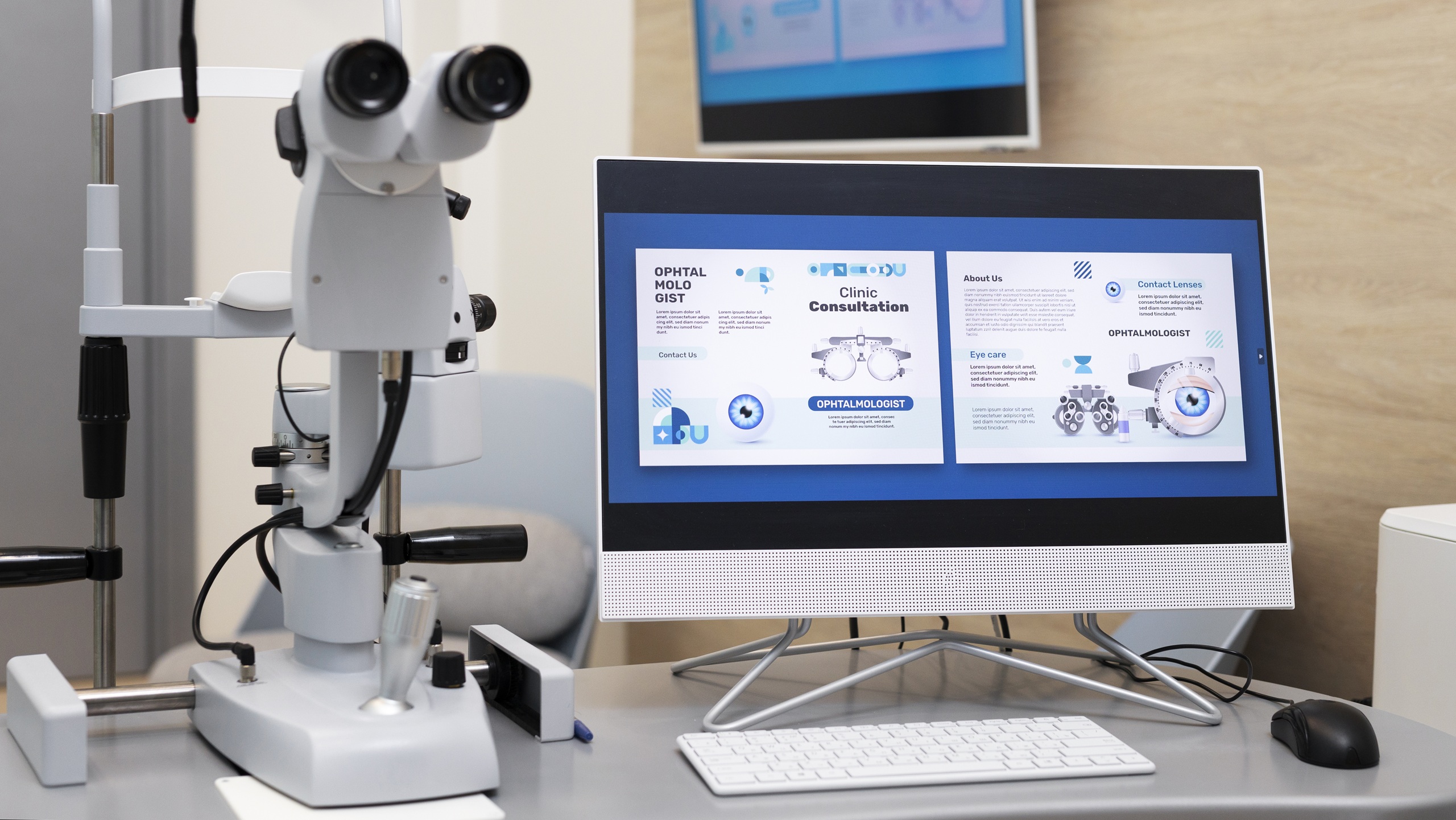A slit lamp biomicroscope and a desktop computer displaying an ophthalmology clinic consultation webpage, set on an examination desk in an eye care office.