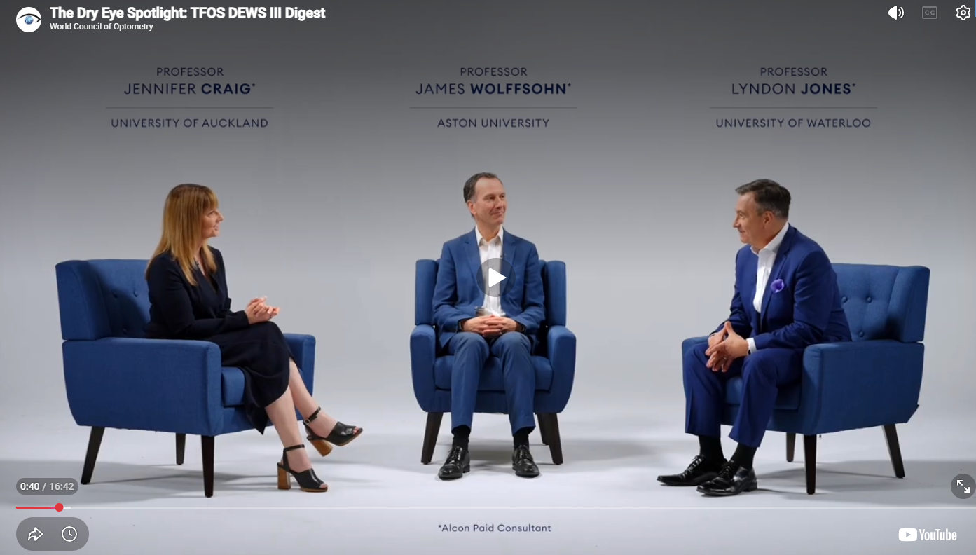 Three professors — Jennifer Craig (University of Auckland), James Wolffsohn (Aston University), and Lyndon Jones (University of Waterloo) — seated in blue armchairs for a video discussion titled "The Dry Eye Spotlight: TFOS DEWS III Digest," produced by the World Council of Optometry.