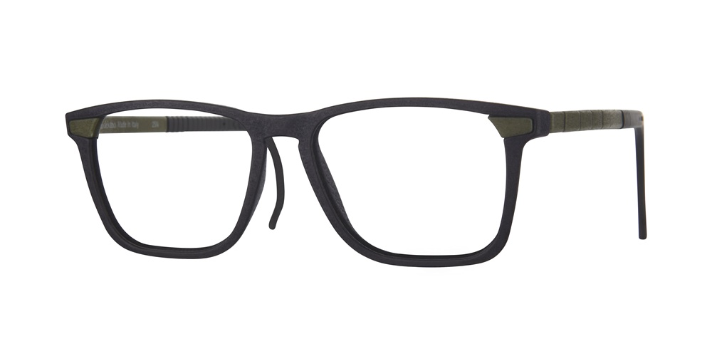 Modern rectangular LOOKKINO TRI-X frames in charcoal black with subtle dark green bridge and temple accents.