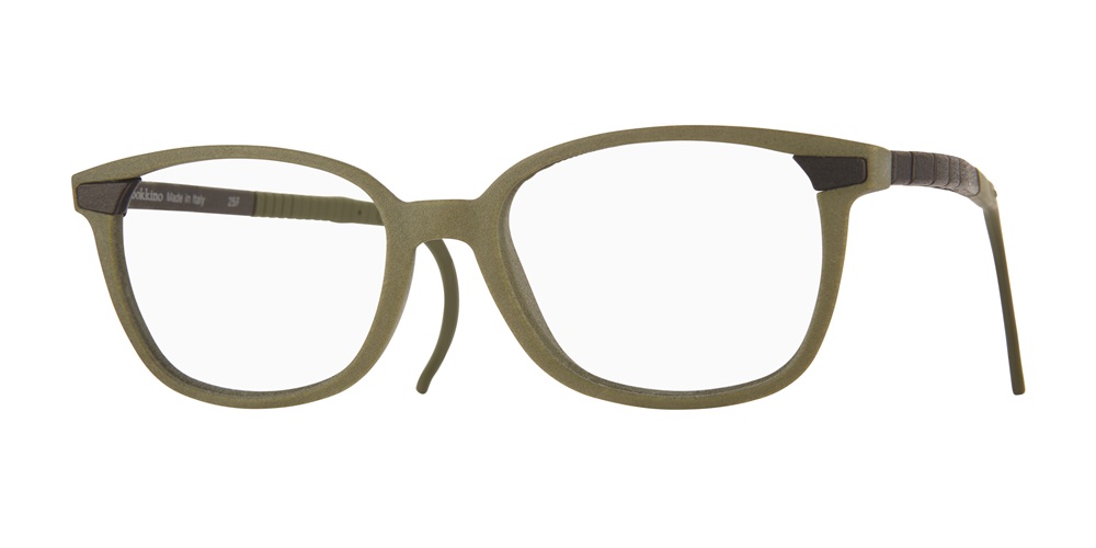 Front-side view of olive green LOOKKINO TRI-X optical frames featuring a matte texture and dark accents on the temples.