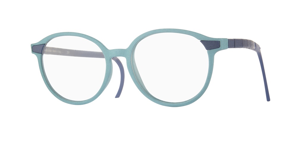 Une paire de lunettes pour enfants LOOKKINO TRI-X de forme ronde, couleur bleu clair avec des accents bleu foncé sur les charnières.