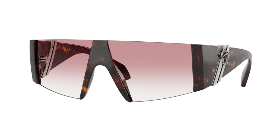 Versace VE4516 shield-style sunglasses with a dark Havana tortoiseshell frame and a flat-top mask lens featuring a pink-to-clear gradient. The wide temples are adorned with a silver-toned vertical metal bar and a signature Medusa medallion.
