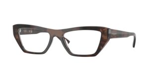A modern cat-eye optical frame in a heritage havana finish with strong angles softened by sleek acetate.