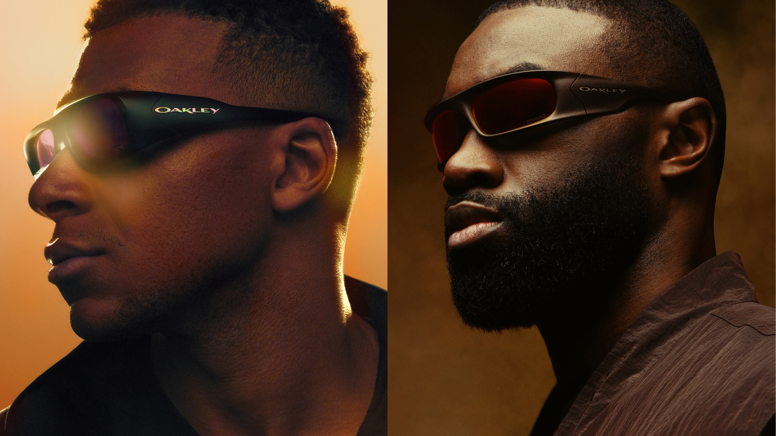 Un portrait de profil côte à côte de Kylian Mbappé et Jaylen Brown portant leurs lunettes Oakley signature. Mbappé (à gauche) porte la monture Permian foncée avec des verres teintés violets sur un fond orangé. Brown (à droite) porte la monture Highland marron cacao avec des verres Prizm rouge-orangé sur un fond atmosphérique fumé.