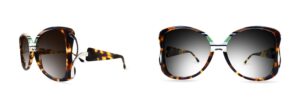 Ultra Limited Carloforte sunglasses in dark tortoiseshell acetate with contrasting colour insertions in green and navy along the upper profile and bridge, silver metal temple accent, and gradient brown-grey lenses. Shown in side and front-facing views on white background.