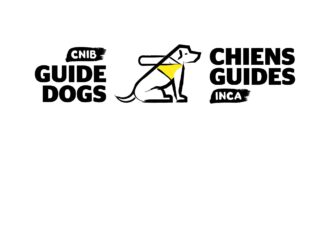 A stylized line drawing of a sitting guide dog wearing a yellow harness is positioned in the center. To the left, the text reads "CNIB GUIDE DOGS," and to the right, the French translation "CHIENS GUIDES INCA" is displayed.