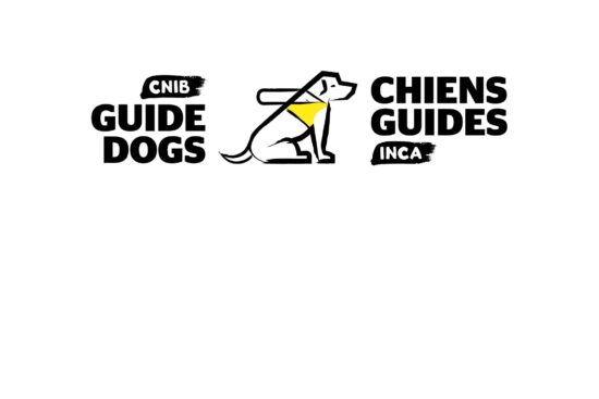 A stylized line drawing of a sitting guide dog wearing a yellow harness is positioned in the center. To the left, the text reads "CNIB GUIDE DOGS," and to the right, the French translation "CHIENS GUIDES INCA" is displayed.