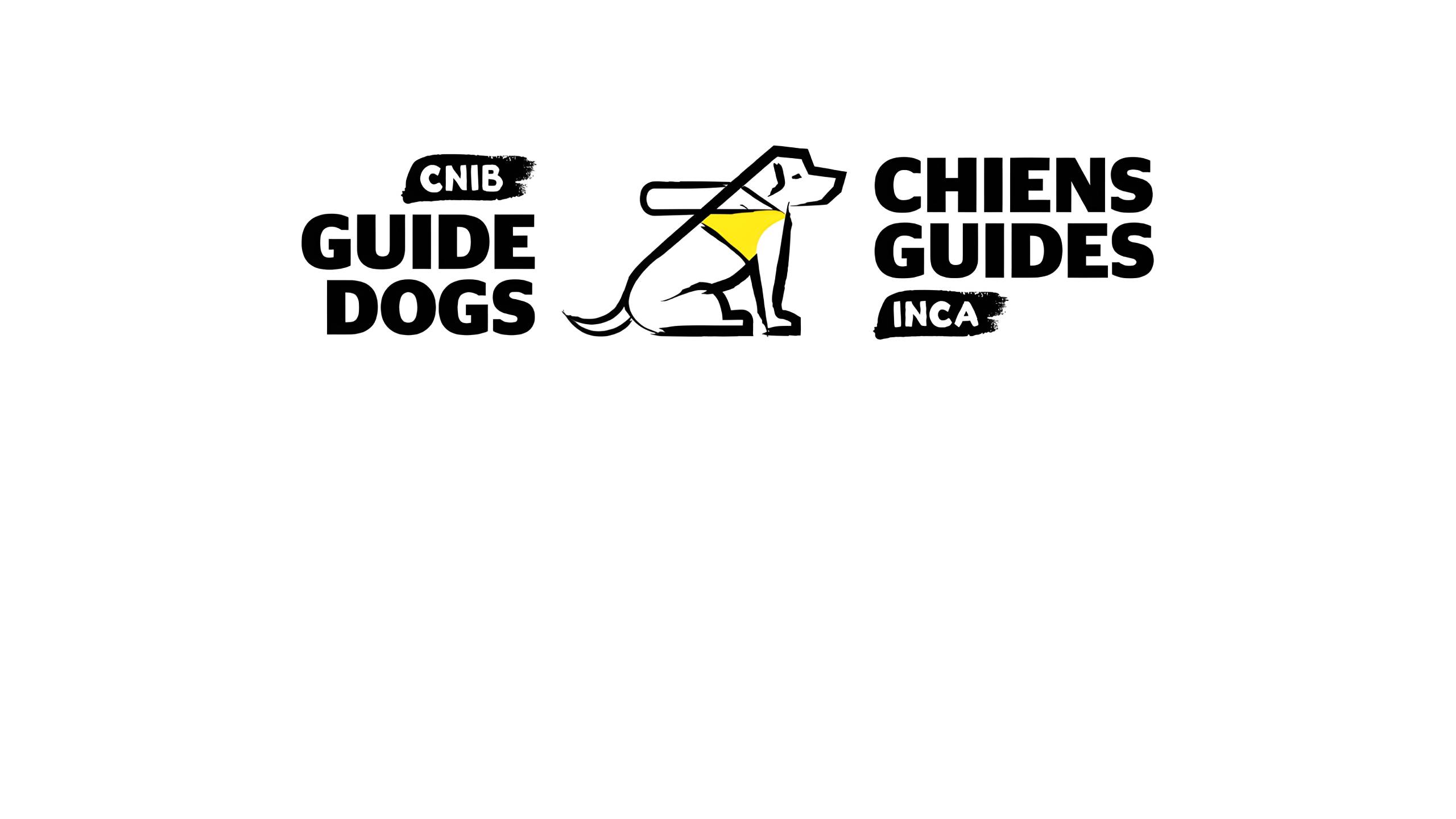 A stylized line drawing of a sitting guide dog wearing a yellow harness is positioned in the center. To the left, the text reads "CNIB GUIDE DOGS," and to the right, the French translation "CHIENS GUIDES INCA" is displayed.