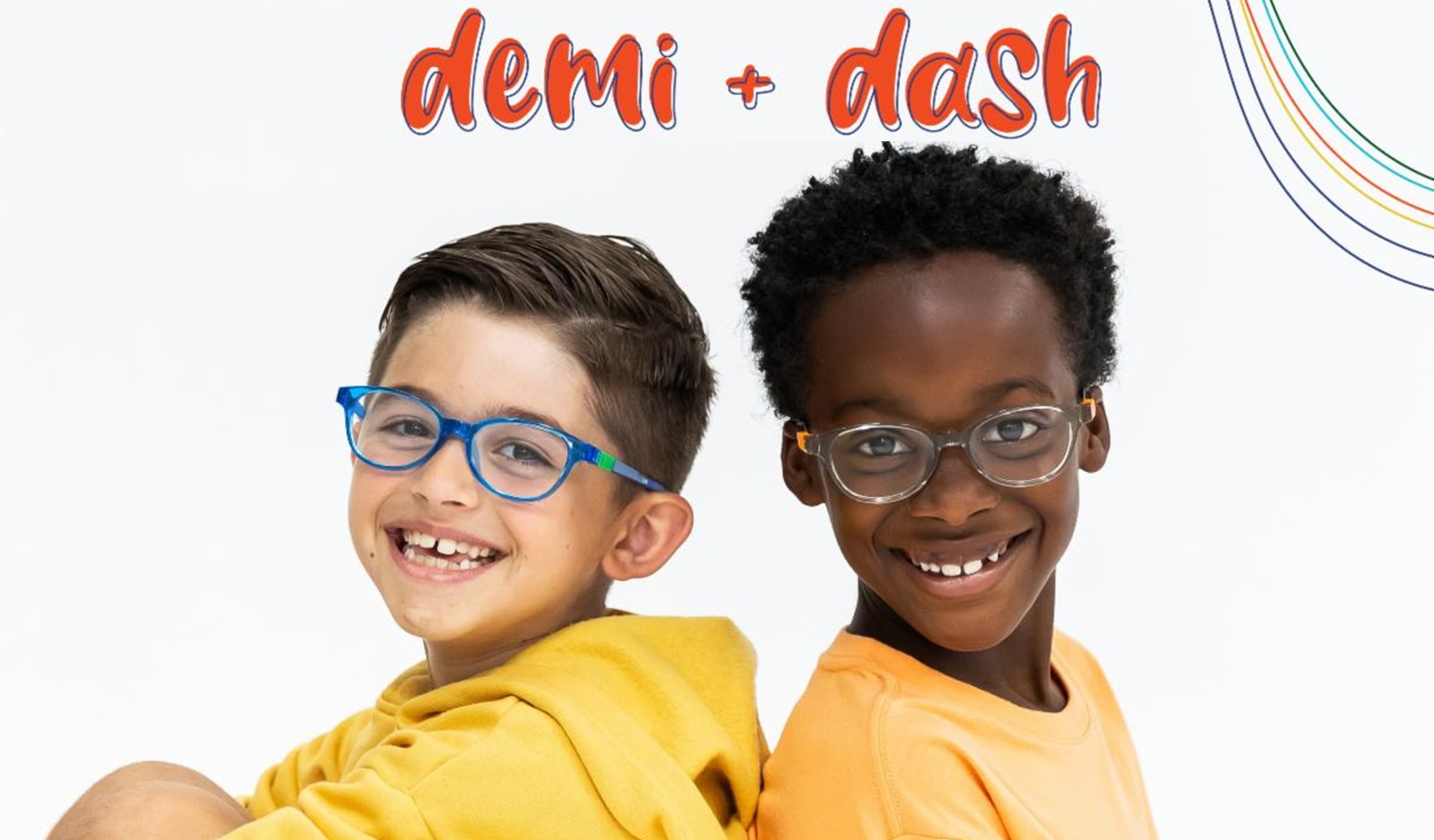 Two smiling boys sitting back-to-back wearing Demi + Dash children's eyeglasses frames against a white background with colorful rainbow graphic accents. The Demi + Dash logo appears at the top in playful red script.