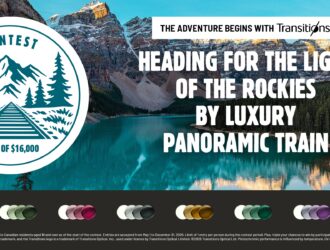 Transitions® Aventure Contest banner. Heading: "The Adventure Begins with Transitions® — Heading for the Light of the Rockies by Luxury Panoramic Train." Contest badge showing a mountain and railway scene with "Value of $16,000." Background photo of a turquoise mountain lake in the Canadian Rockies. A row of Transitions® lens color swatches displayed along the bottom. Fine print: open to Canadian residents 18+, May 1–December 31, 2026, one entry per person.