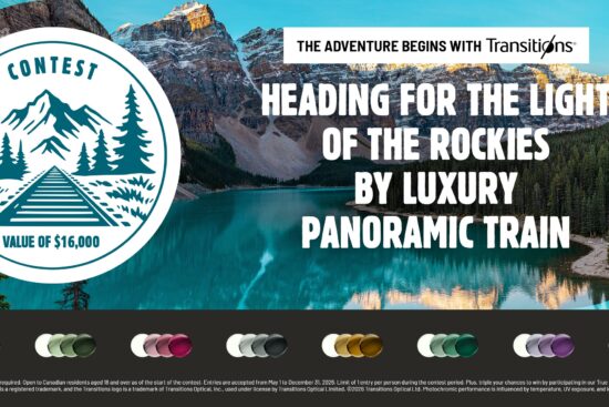 Transitions® Aventure Contest banner. Heading: "The Adventure Begins with Transitions® — Heading for the Light of the Rockies by Luxury Panoramic Train." Contest badge showing a mountain and railway scene with "Value of $16,000." Background photo of a turquoise mountain lake in the Canadian Rockies. A row of Transitions® lens color swatches displayed along the bottom. Fine print: open to Canadian residents 18+, May 1–December 31, 2026, one entry per person.