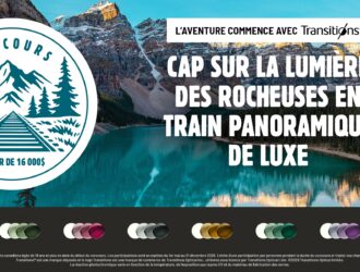 Bannière du concours Transitions®. En-tête : « L'aventure commence avec Transitions® — Cap sur la lumière des Rocheuses en train panoramique de luxe. » Médaillon de concours illustrant un paysage de montagne avec des sapins et des rails, portant la mention « Valeur de 16 000 $ ». Photo d'arrière-plan d'un lac glaciaire turquoise entouré des Rocheuses canadiennes. Rangée d'échantillons de teintes de verres Transitions® en bas de l'image. Mention légale : ouvert aux résidents canadiens de 18 ans et plus, du 1er mai au 31 décembre 2026, une participation par personne.