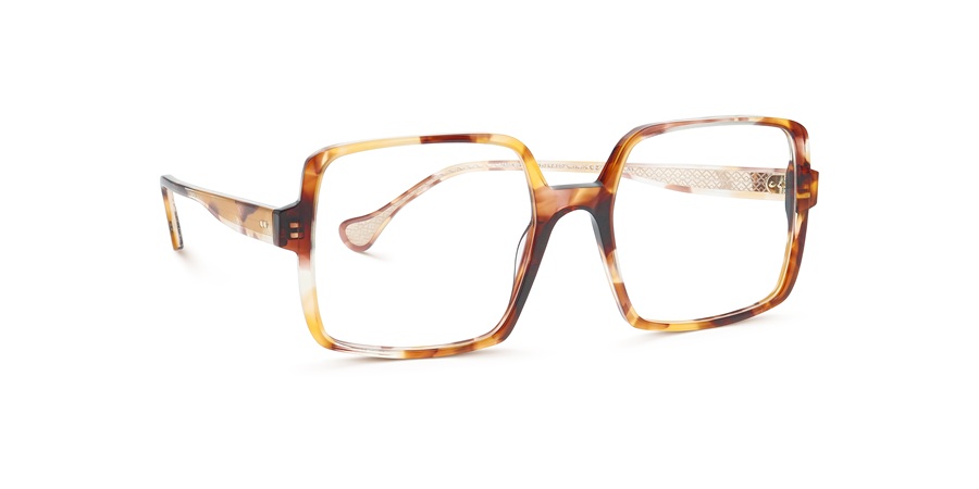 François Pinton Alma eyeglasses with large, square tortoiseshell acetate frames and patterned gold temples.