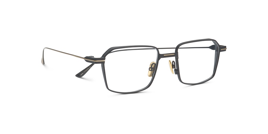 François Pinton Ayrton eyeglasses with a minimalist black titanium geometric frame, double bridge, and gold accents.