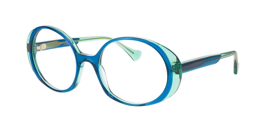 François Pinton Emma eyeglasses featuring round, oversized frames in layered translucent blue and green acetate.