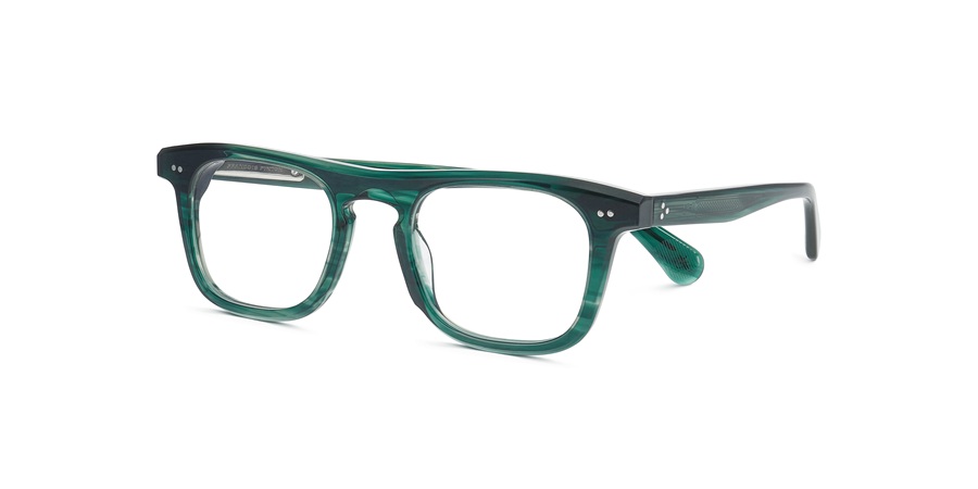 Lunettes François Pinton modèle Lazare, dotées d'une monture rectangulaire épaisse en acétate rayé vert et noir.