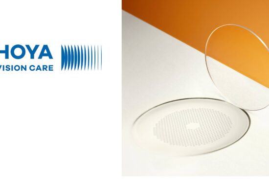 A two-paneled image featuring the HOYA Vision Care logo on the left and a clear MiYOSMART iQ spectacle lens on the right. The lens stands upright against an orange and white background, casting a shadow that highlights the circular D.I.M.S. Technology treatment zone used for myopia control.