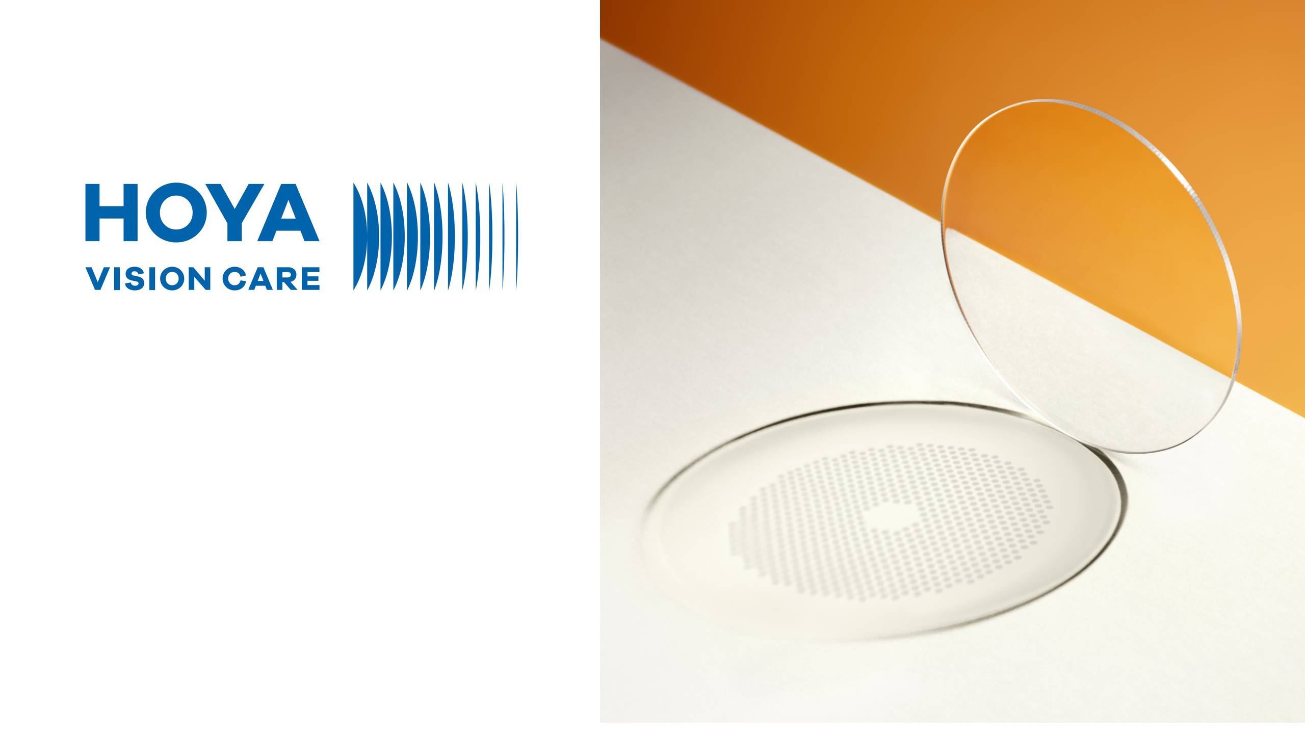 A two-paneled image featuring the HOYA Vision Care logo on the left and a clear MiYOSMART iQ spectacle lens on the right. The lens stands upright against an orange and white background, casting a shadow that highlights the circular D.I.M.S. Technology treatment zone used for myopia control.