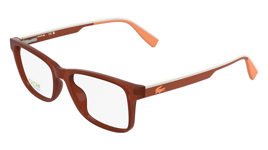 Lacoste L3665 kids optical frame in Transparent Dark Orange with white and orange temples, modified rectangular shape