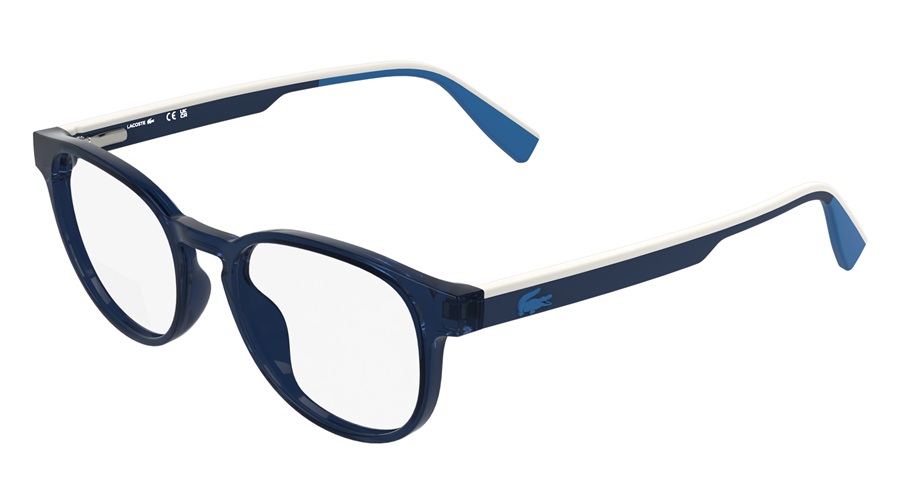 Monture optique Lacoste L3666 pour tweens en Bleu Transparent avec branches blanches et bleues, forme ronde