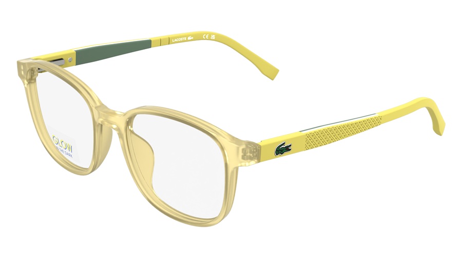 Lacoste L3667 kids Color Twist optical frame in Transparent Lemon with yellow and green temples, glow-in-the-dark, modified rectangular shape