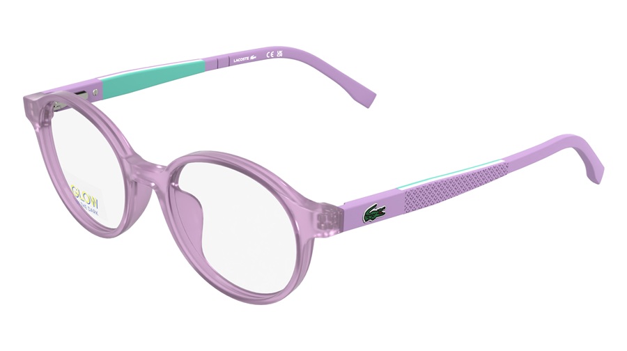 Lacoste L3668 kids Color Twist optical frame in Transparent Violet with teal temples, glow-in-the-dark, round front shape