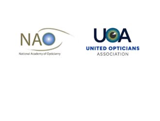 Side-by-side logos of two opticianry organizations: the NAO (National Academy of Opticianry), featuring a stylized eye with a blue iris, and the UOA (United Opticians Association), featuring bold dark blue lettering with an eye iris incorporated into the letter O.