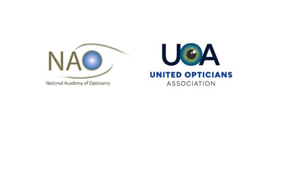 Side-by-side logos of two opticianry organizations: the NAO (National Academy of Opticianry), featuring a stylized eye with a blue iris, and the UOA (United Opticians Association), featuring bold dark blue lettering with an eye iris incorporated into the letter O.