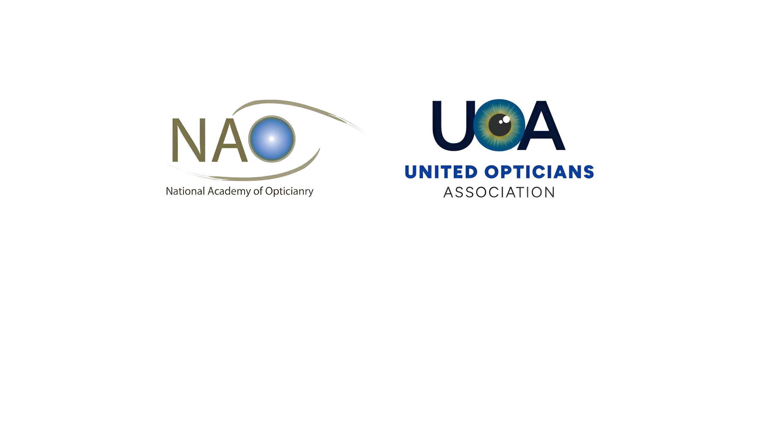 Side-by-side logos of two opticianry organizations: the NAO (National Academy of Opticianry), featuring a stylized eye with a blue iris, and the UOA (United Opticians Association), featuring bold dark blue lettering with an eye iris incorporated into the letter O.