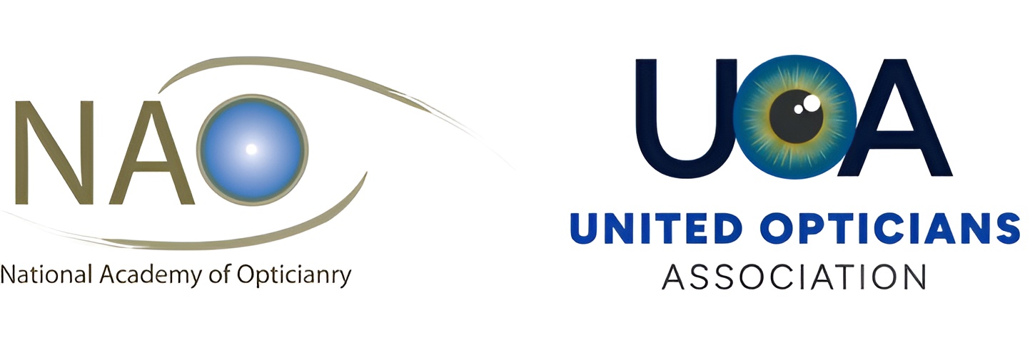 Side-by-side logos of two opticianry organizations: the NAO (National Academy of Opticianry), featuring a stylized eye with a blue iris, and the UOA (United Opticians Association), featuring bold dark blue lettering with an eye iris incorporated into the letter O.