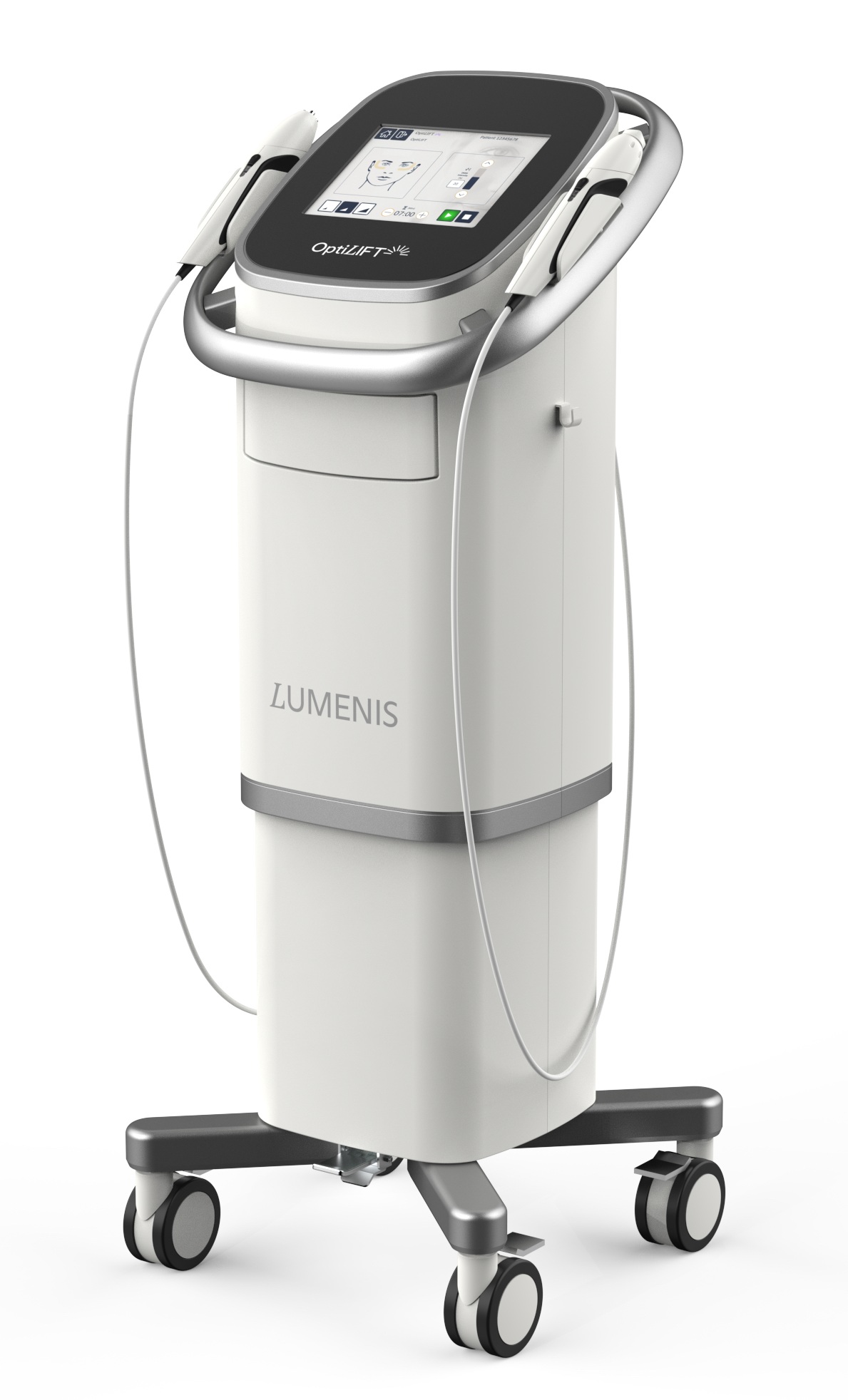 Full view of the Lumenis OptiLIFT medical device on a wheeled stand, featuring the OptiLIFT-branded touchscreen console, two attached treatment applicators, and the Lumenis logo on the white body of the unit.