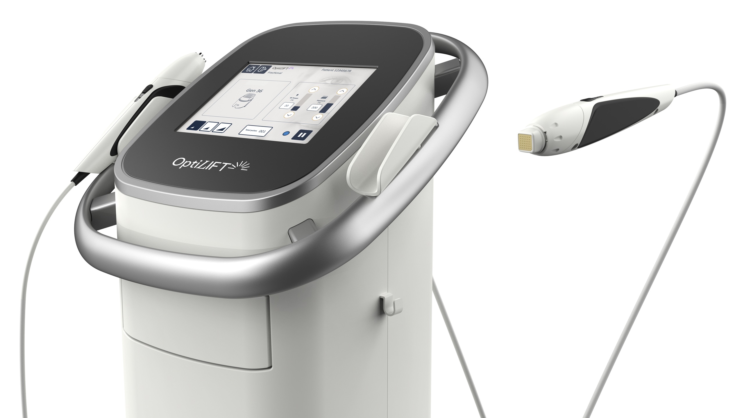 Close-up of the Lumenis OptiLIFT device console showing its touchscreen interface and control panel, with the DMSt handheld applicator and its gold-tipped treatment head displayed alongside.