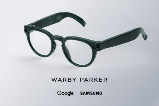 Dark green round smart glasses by Warby Parker shown in a studio render, featuring integrated cameras and AI-powered functionality created with Google and Samsung.