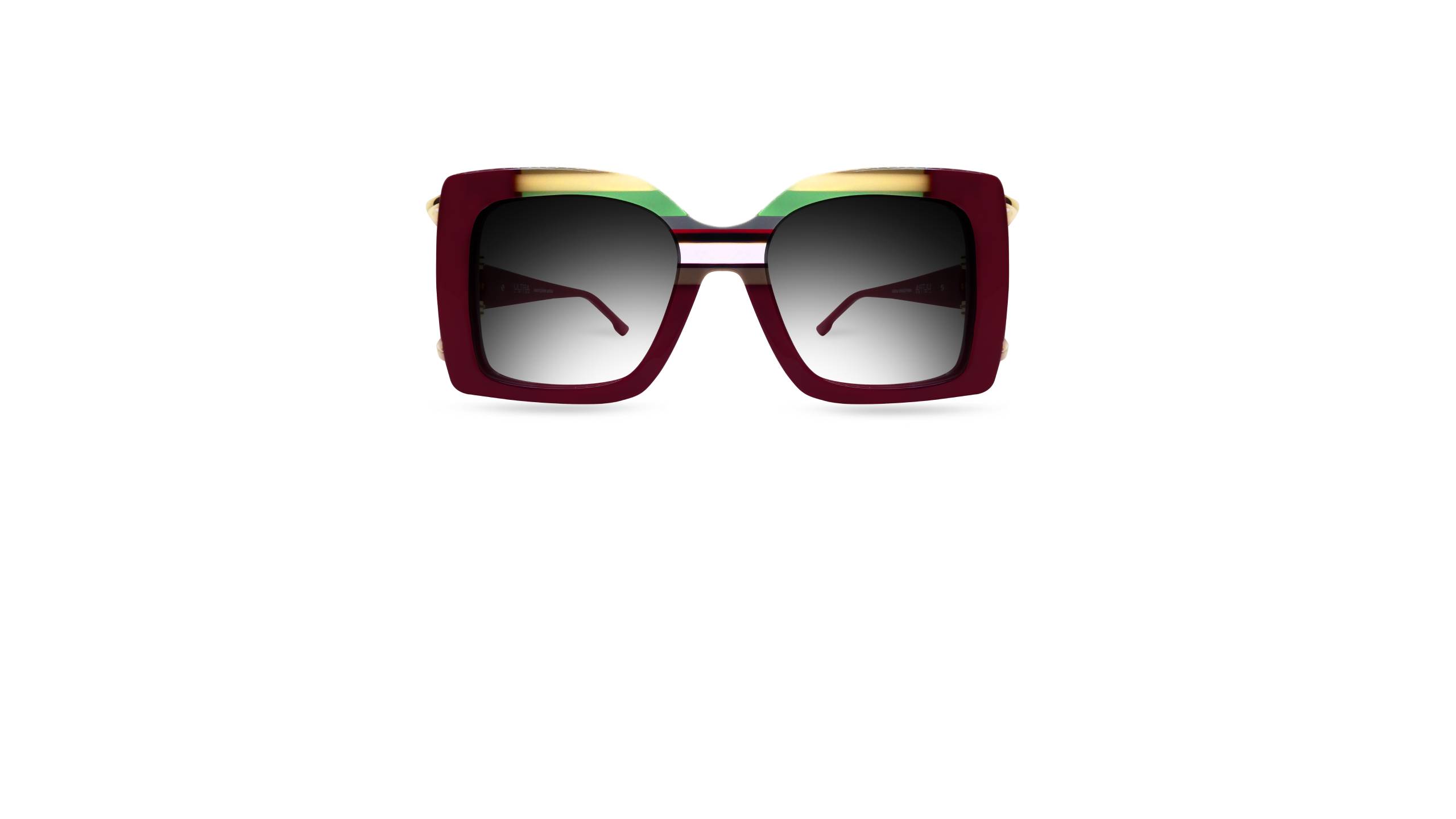 Ultra Limited Torcello sunglasses in deep burgundy acetate with layered colour insertions in yellow, green and red along the upper bridge, gold metal temple detail, and gradient grey lenses. Front-facing product shot on white background.