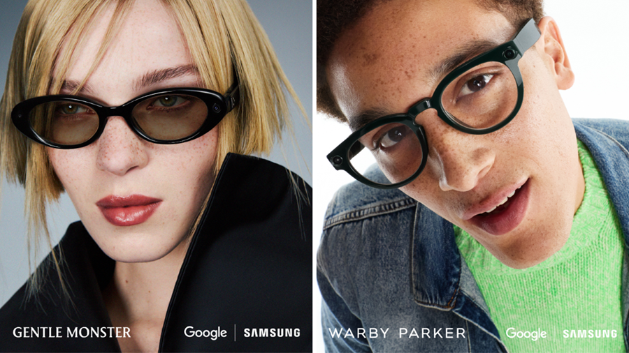 Deux modèles portant des lunettes intelligentes alimentées par l’IA de Gentle Monster et Warby Parker dans le cadre de la collaboration en lunettes intelligentes avec Google et Samsung.