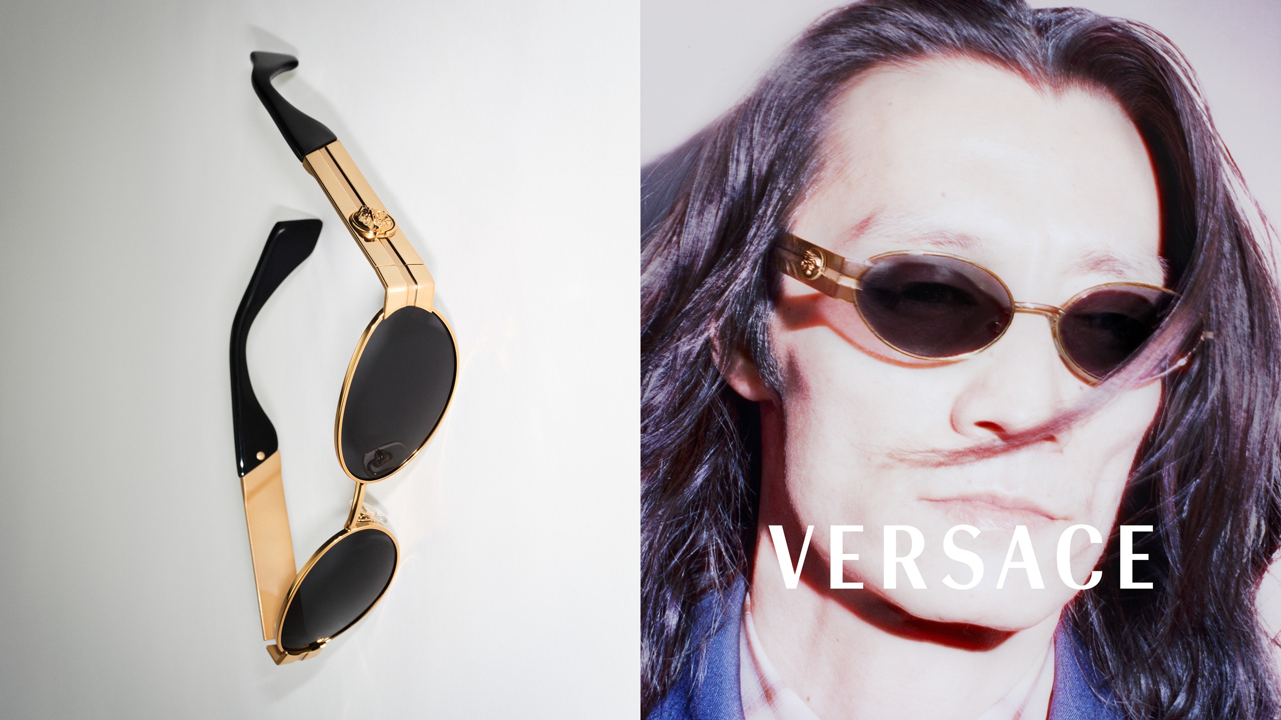 Image de la campagne Versace Printemps-Été 2026 en écran scindé. À gauche, une vue de dessus de lunettes de soleil ovales en métal doré avec branches noires. À droite, un portrait contrasté de l'acteur Kazuya Tanabe portant ces lunettes. Le logo Versace blanc est centré au bas de l'image.