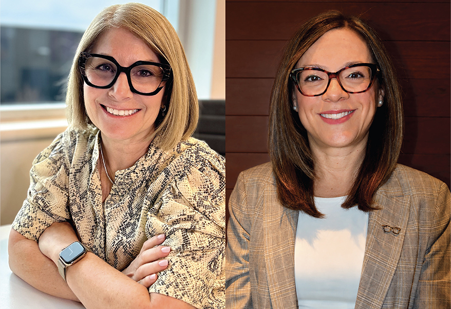 Beverly Suliteanu (à gauche) et Natalie Lacroce (à droite), toutes deux portant des lunettes, photographiées dans des portraits professionnels annonçant le départ à la retraite de Beverly et la nomination de Natalie au poste de Vice-Présidente, Planification de la marque et des produits chez WestGroupe.