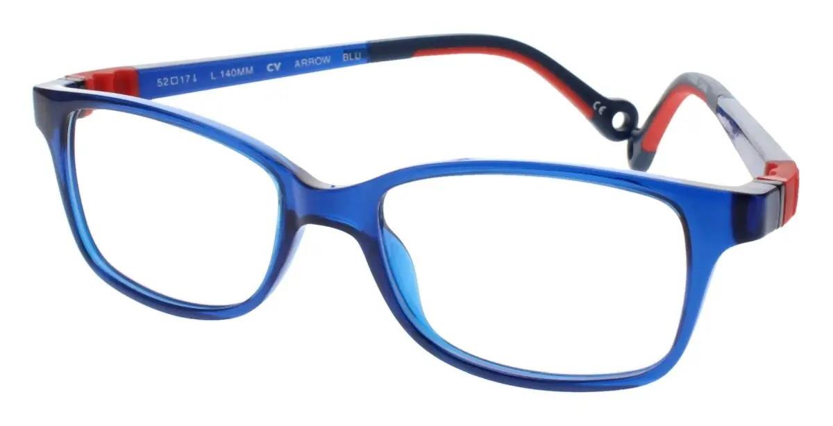 Demi + Dash Arrow children's eyeglasses frame in bold translucent blue with red and dark navy temple accents and a sport strap loop, displayed at a three-quarter angle.