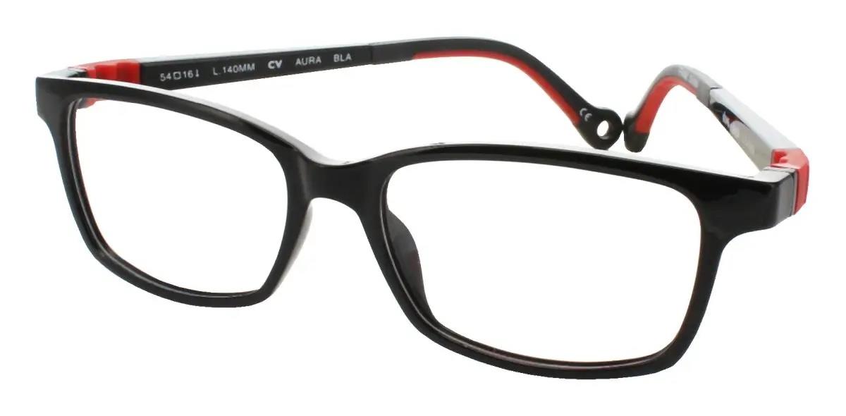 Monture de lunettes pour enfants Demi + Dash Aura en noir brillant avec des accents rouges et des branches à motifs, une boucle de sangle sport, présentée en vue trois quarts.