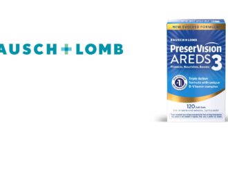 Un graphique grand format présentant le logo Bausch + Lomb en turquoise sur la gauche et une boîte de PreserVision AREDS 3 sur la droite. La boîte, aux couleurs bleu, or et blanc, contient 120 capsules molles et met en avant une « Formule Triple Action avec un complexe unique de vitamines B ».