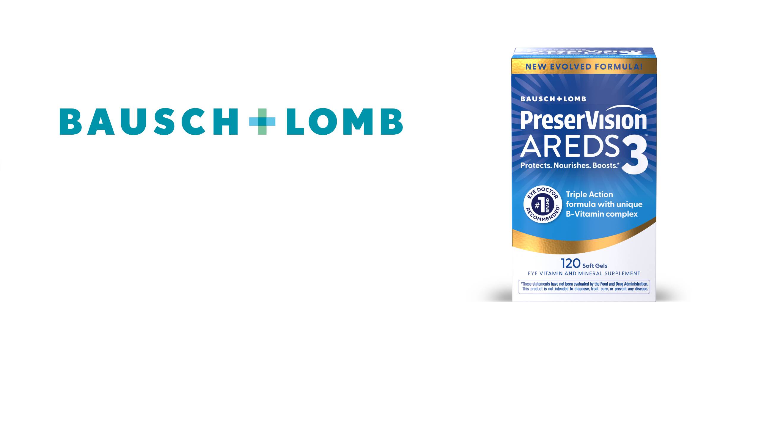 Un graphique grand format présentant le logo Bausch + Lomb en turquoise sur la gauche et une boîte de PreserVision AREDS 3 sur la droite. La boîte, aux couleurs bleu, or et blanc, contient 120 capsules molles et met en avant une « Formule Triple Action avec un complexe unique de vitamines B ».